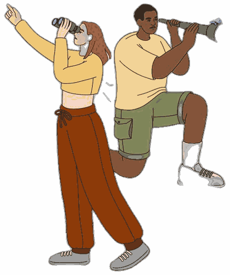 Two students looking ahead through binoculars, standing on books
