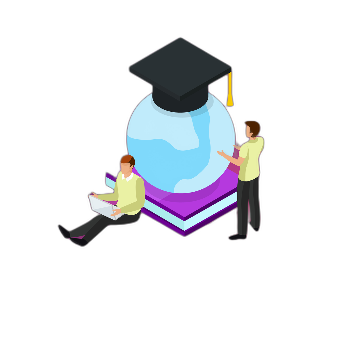 Isometric illustration of a globe with a graduation cap and two students