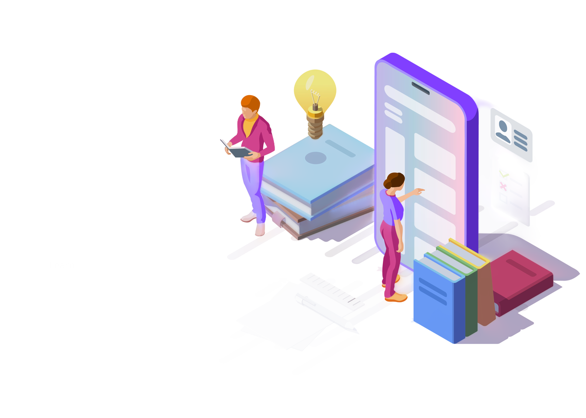 Isometric illustration of online education with phone, books and characters