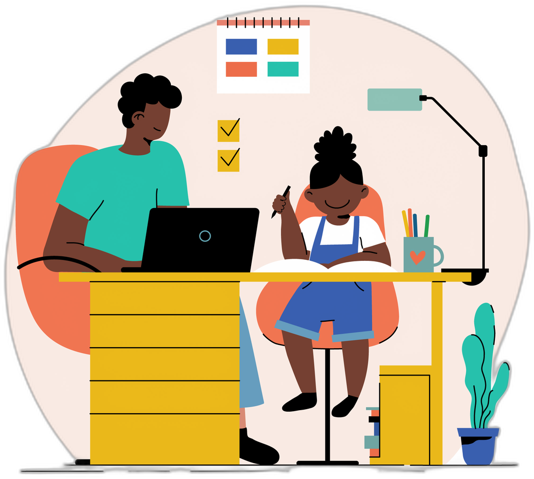 Isometric illustration of a parent supporting their child with schoolwork
