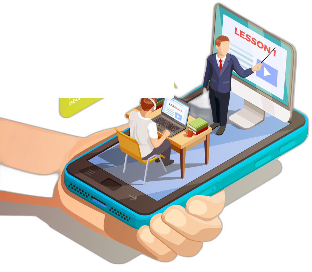 Isometric illustration of a hand holding a phone with an online lesson